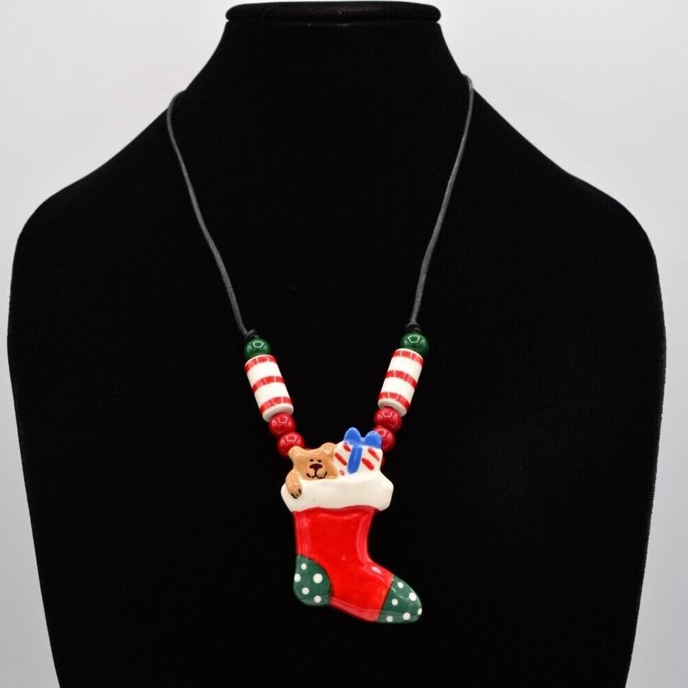 Flying Colors Vintage Christmas Necklace Teddy Stocking Festive Holiday Bin1